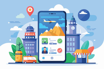 Smartphone displaying travel planning app with vibrant city architecture and mountains in the background