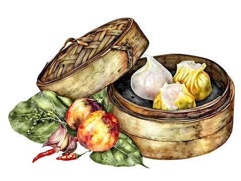 Watercolor dim sum, flat design vector art depicting a stylized assortment of various dim sum types like dumplings and buns Asian Cuisine Watercolors Dim Sum and Dumpling Art