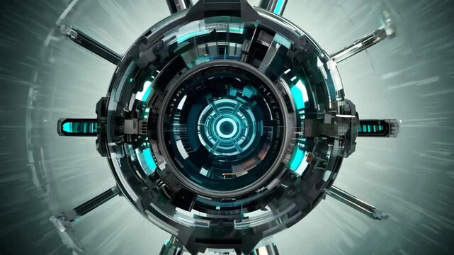 High-tech cybernetic core with rotating concentric elements glowing in blue and black surrounded by industrial arms. Futuristic AI technology concept