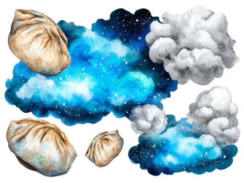 Watercolor dim sum, flat design vector art depicting a stylized assortment of various dim sum types like dumplings and buns Asian Cuisine Watercolors Dim Sum and Dumpling Art