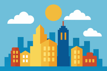 Naklejka premium Vibrant Cityscape Sunlit Buildings and Blue Skies
