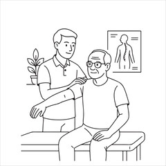 Physical Therapist Assessing Shoulder Pain of Elderly Patient Minimalist Editable Vector