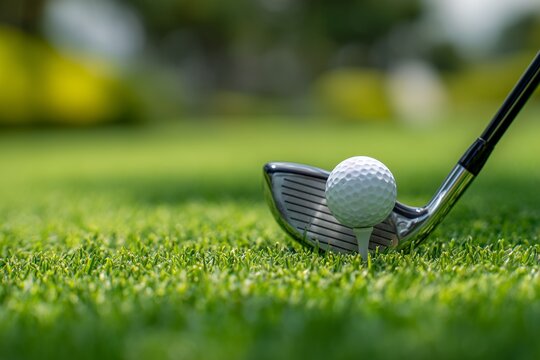Golf club resting against tee with white ball on lush green fairway, symbolizing precision, anticipation, sport, performance, focus, and the poised moment before a powerful swing in golf gameplay
