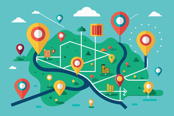 Colorful map illustrating various locations and pathways in an open landscape under a clear sky