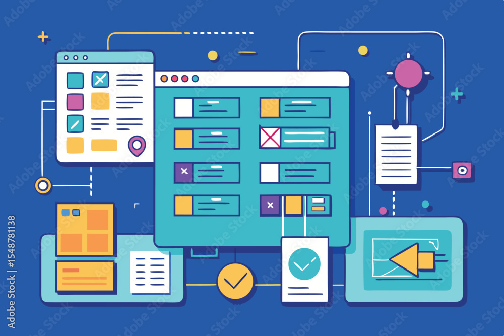 Poster digital interface graphic illustrating project management tasks and workflows in a modern workspace 
