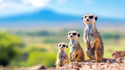 Three Meerkats Standing Alert on Sandy Terrain with Green and Blue Hilly Background Under Bright Sunlight