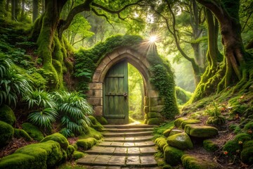 Fototapeta premium Stone archway gate opens to sunlit mossy forest path, mystical scene