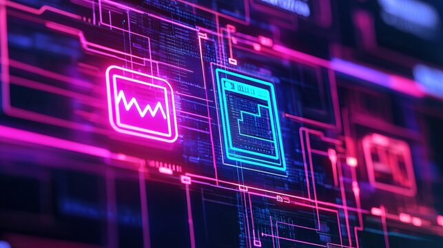 A vibrant digital interface displays futuristic data visualization icons with neon lines and glowing elements in pink and blue hues. - Powered by Adobe