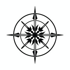 Compass Rose Illustration, Detailed black and white design featuring directional points, ideal for navigation, nautical themes, and tattoo concepts.