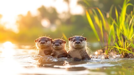 Three Otters Playing in Calm River at Golden Hour
