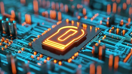 A glowing padlock icon on a microchip represents digital security and cybersecurity on a circuit board.