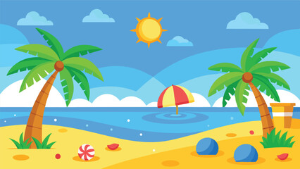 Cute Cartoon Beach Background for Kids. Vector Illustration of a Tropical Summer Scene with Ocean, Sand, and Palm Trees. Children's Vacation Wallpaper