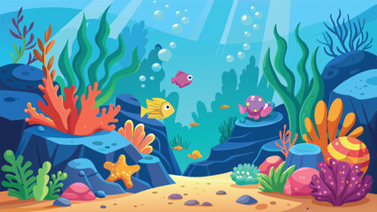 Fototapeta premium Cartoon Underwater Scene for Kids. Cute Vector Illustration of an Ocean World with Fish, Coral, and Bubbles. Children's Sea Life Background