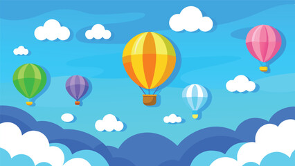 Cute Cartoon Hot Air Balloon Scene for Kids. Vector Illustration of a Colorful Sky with Balloons. Children's Birthday Card or Wallpaper Background