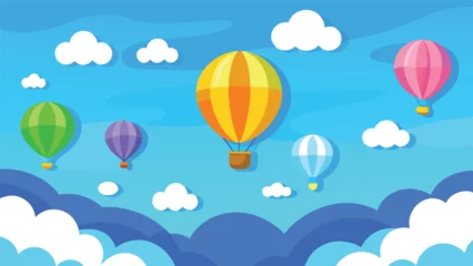 Fotobehang Luchtballon Cute Cartoon Hot Air Balloon Scene for Kids. Vector Illustration of a Colorful Sky with Balloons. Children's Birthday Card or Wallpaper Background  © revpy