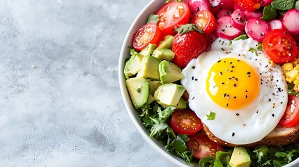 Top Down View of Colorful Breakfast Bowl with Egg Avocado and Radishes on a Marble Table
