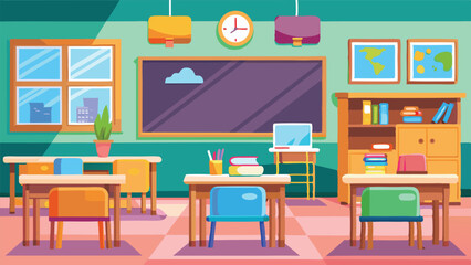 Cartoon Classroom Interior Background for Kids. Cute School Scene with Desk, Blackboard, and Books. Children's Educational Vector Illustration