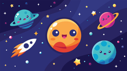 Naklejka premium Cartoon Space Background for Kids. Cute Vector Illustration of the Solar System with Planets, Stars, and a Rocket. Children's Galaxy Scene