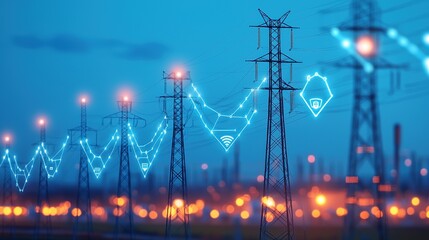 High-voltage power lines and pylons transmit electricity across a cityscape at dusk, highlighted by digital connectivity graphics.