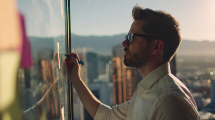 Creative executive brainstorming ideas on glass wall with city view