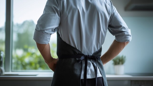 Male chef wearing apron facing away from the camera