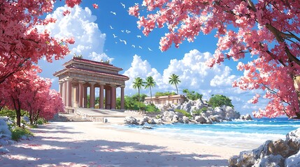 Tropical Beach Scene with Pink Blossoms Clear Blue Sky and Classical Architecture in Pixel Art Style