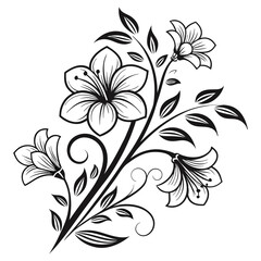 Black and white floral tattoo design with blooming flowers and leaves

