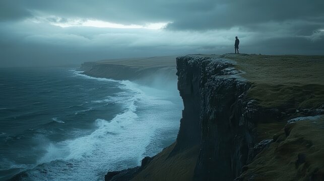 Waves crash against dramatic cliffs as a solitary figure contemplates the ocean during a stormy day