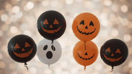 Decorative Halloween balloons with jack-o'-lantern and ghost faces, arranged against a warm bokeh background, creating a festive and spooky atmosphere.