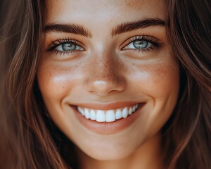 Fototapeta premium A beautiful woman with light eyes and a warm smile radiates joy