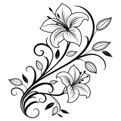 Black and white lily tattoo design with swirling vines and leaves