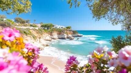 Turquoise Ocean and Golden Cliffs Framed by Vibrant Flowers and Lush Greenery on a Sunny Day Coastal Paradise