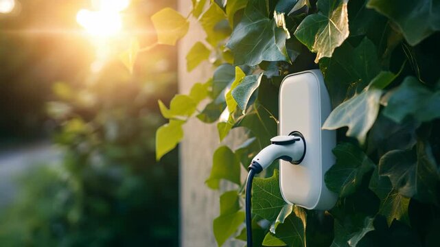 Electric car charging station attached to wall surrounded by green leaves under sunlight, promoting eco-friendly transport. Sustainable energy concept