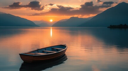 Sunset over tranquil lake with lone boat drifting peacefully in the water