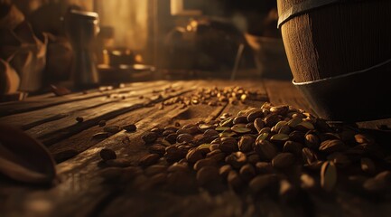Pistachios on a weathered wooden table in a rustic workshop setting