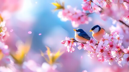 Two Birds Perched on Pink Cherry Blossom Branch in Pixelated Art Against Sky