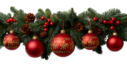 Christmas ornament garland with red balls pine cones and holly berries isolated on transparent background