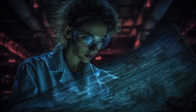 Woman scientist examining holographic data in a dark laboratory - Powered by Adobe
