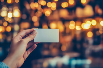 Hand holding blank unbranded white card in a blurry restaurant background