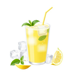 Refreshing lemon drink with ice cubes and mint leaves  