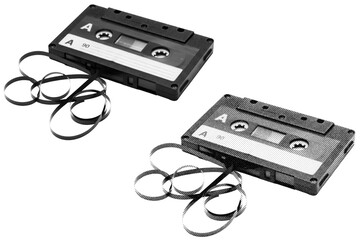 Retro vintage Cassette halftone on transparent PNG. Ideal for overlays, posters, and designs. High-res, AI-based with human edited effects. Old vintage Cassette in trendy dotted pop art style.