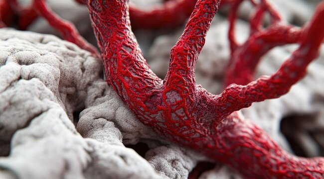 Close-up of branching red structures on a light gray, textured surface