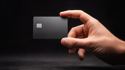 Hand holding blank unbranded modern gray credit card with chip on dark background