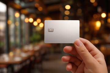 Hand holding blank unbranded silver credit card with chip in a blurry restaurant background
