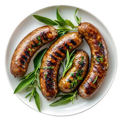 Overhead view of delectable grilled sausages with fresh herbs on a white plate