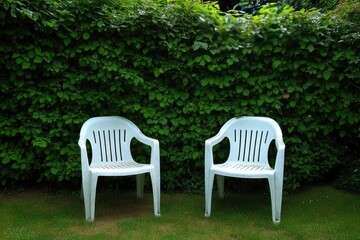 Two white plastic chairs facing each other, set against a lush green hedge