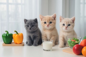 Three Adorable Kittens with Fresh Vegetables and Milk on White Table – Healthy Lifestyle Concept