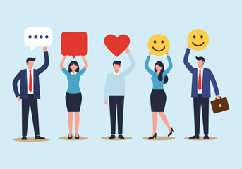 Teamwork and Positive Vibes: Business People Holding Symbols of Communication, Support, and Happiness