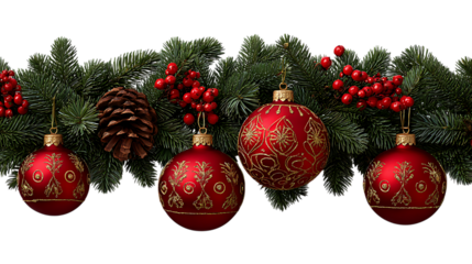 Red christmas ornaments with pine branches and berries isolated on transparent background