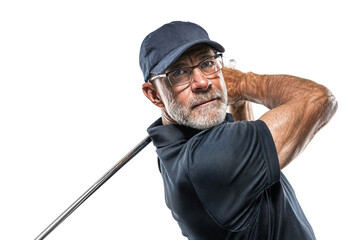 Senior male golfer with beard and glasses swinging golf club isolated on transparent background